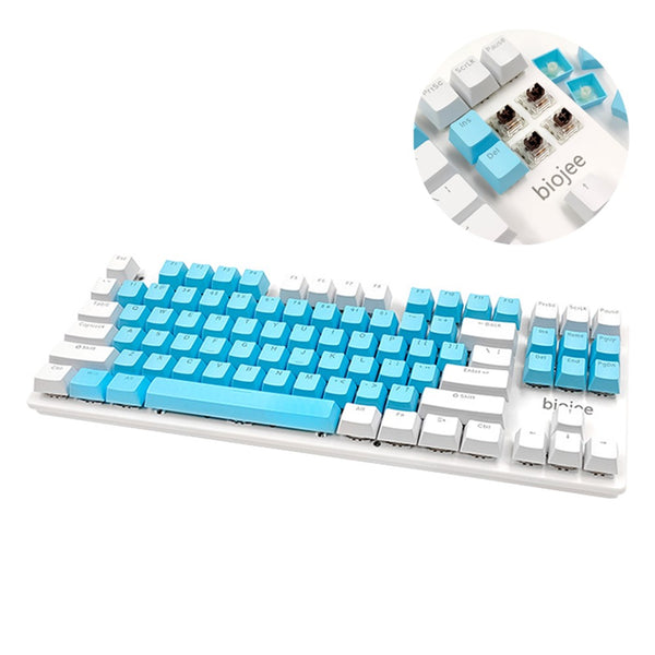 Blue-and-white BIOJEE keyboard shown at an angle, with four exposed switches in a circular inset.